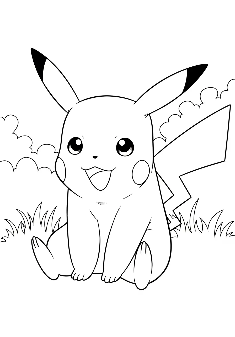 Imagem de um Pikachu sentado no campo para colorir