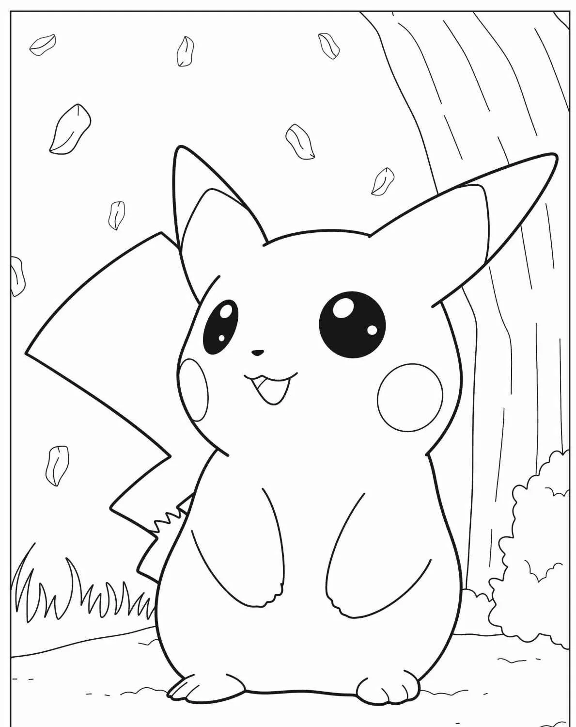 Desenho de Pikachu sorridente em um cenário ao ar livre