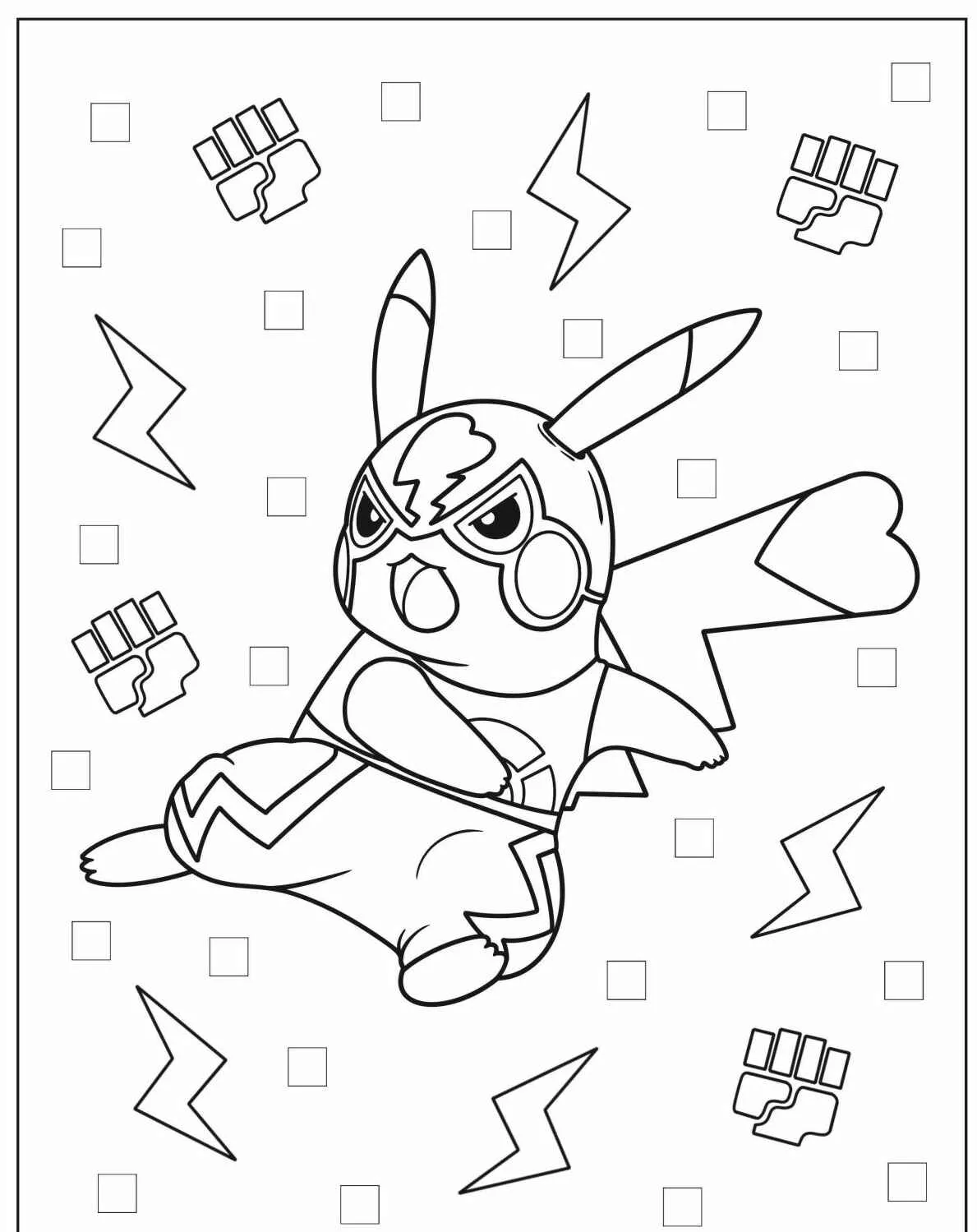 Desenho de Pikachu em pose de super-herói cercado por relâmpagos
