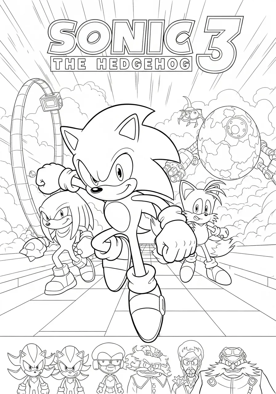 Desenho para colorir do Sonic 3 com Tails e Knuckles