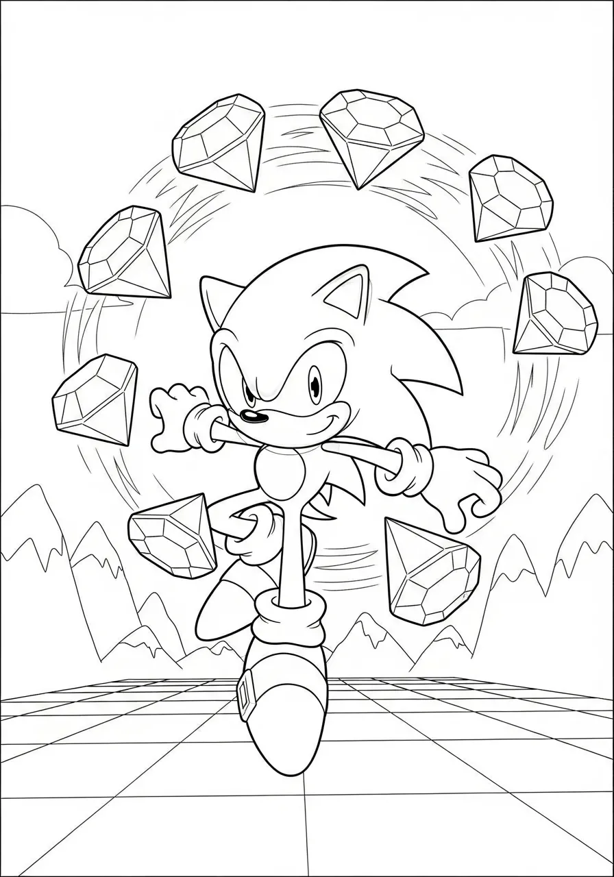 Desenho para colorir do Sonic correndo e coletando joias preciosas