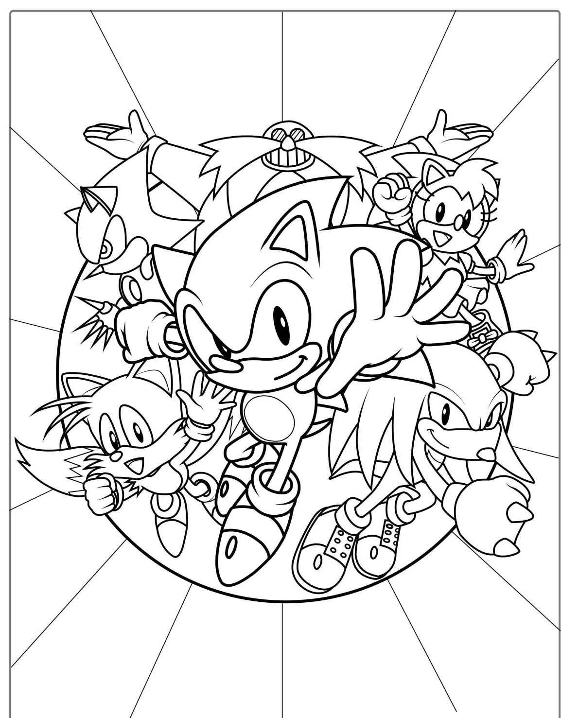 Desenho para colorir do Sonic e seus amigos, incluindo Tails, Knuckles e Amy.