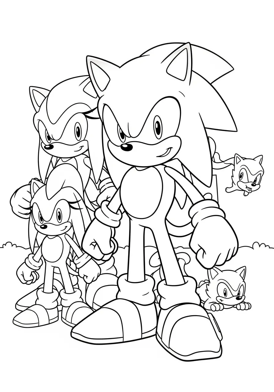 Desenho em preto e branco do Sonic com seus amigos prontos para colorir