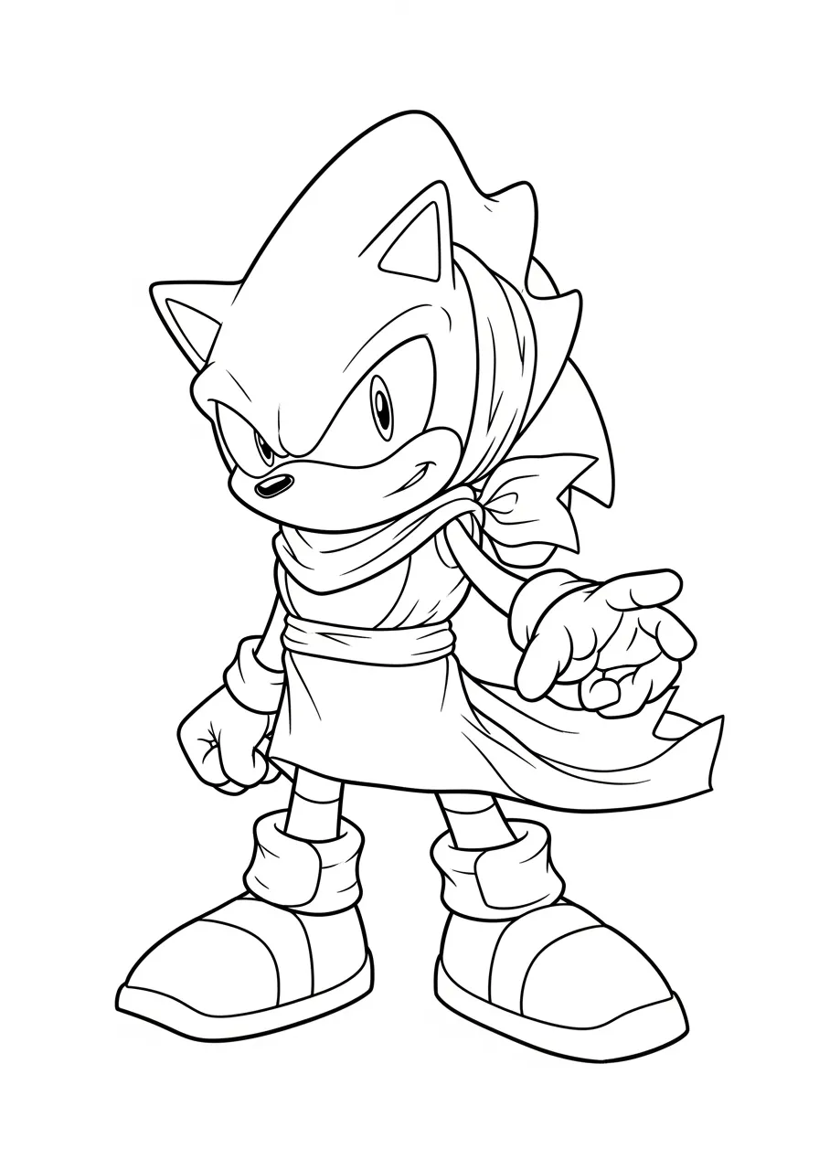 Desenho em preto e branco do Sonic com uma capa, pronto para ser colorido.