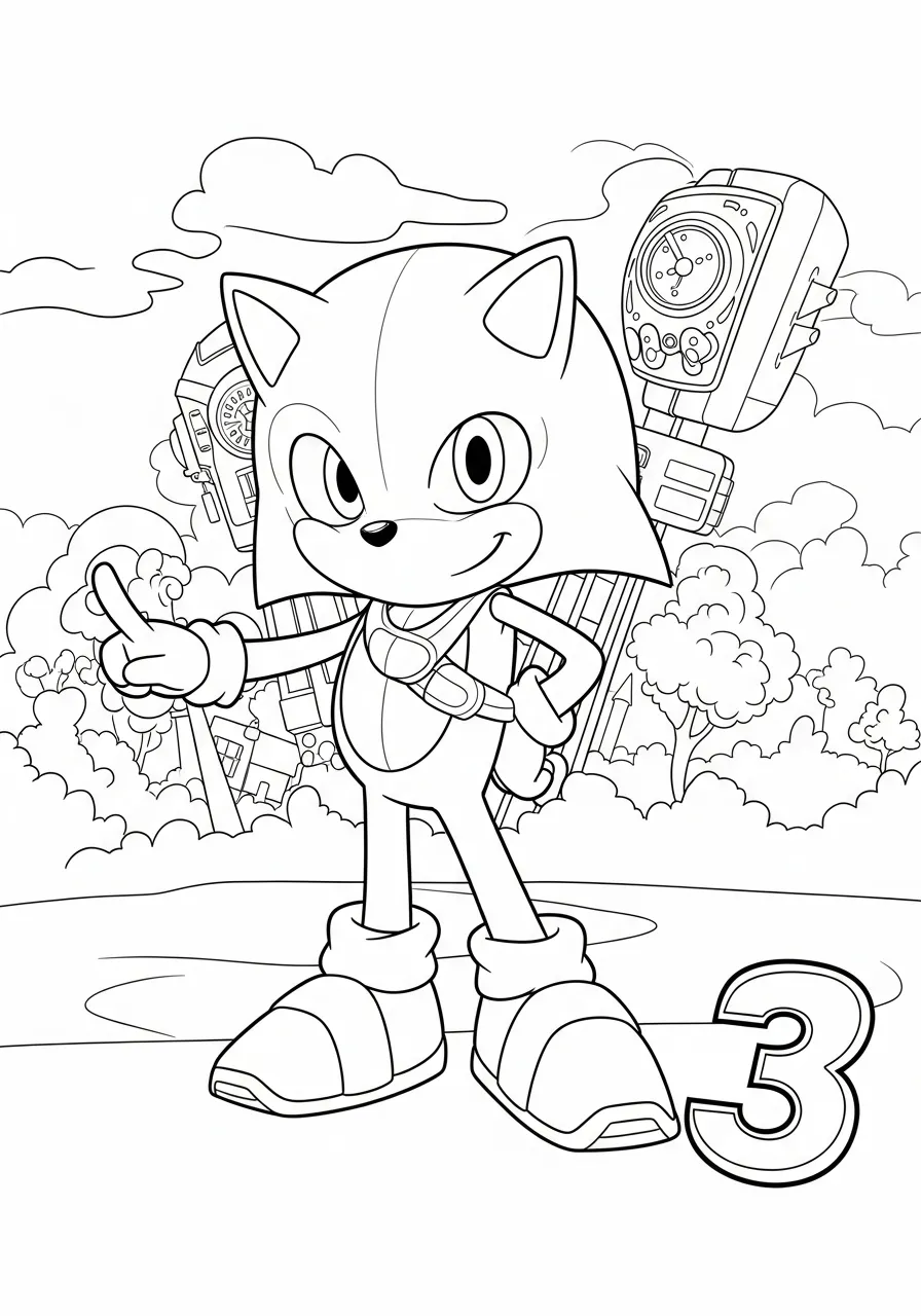 Desenho para colorir do Sonic com equipamento de aventura em um cenário natural