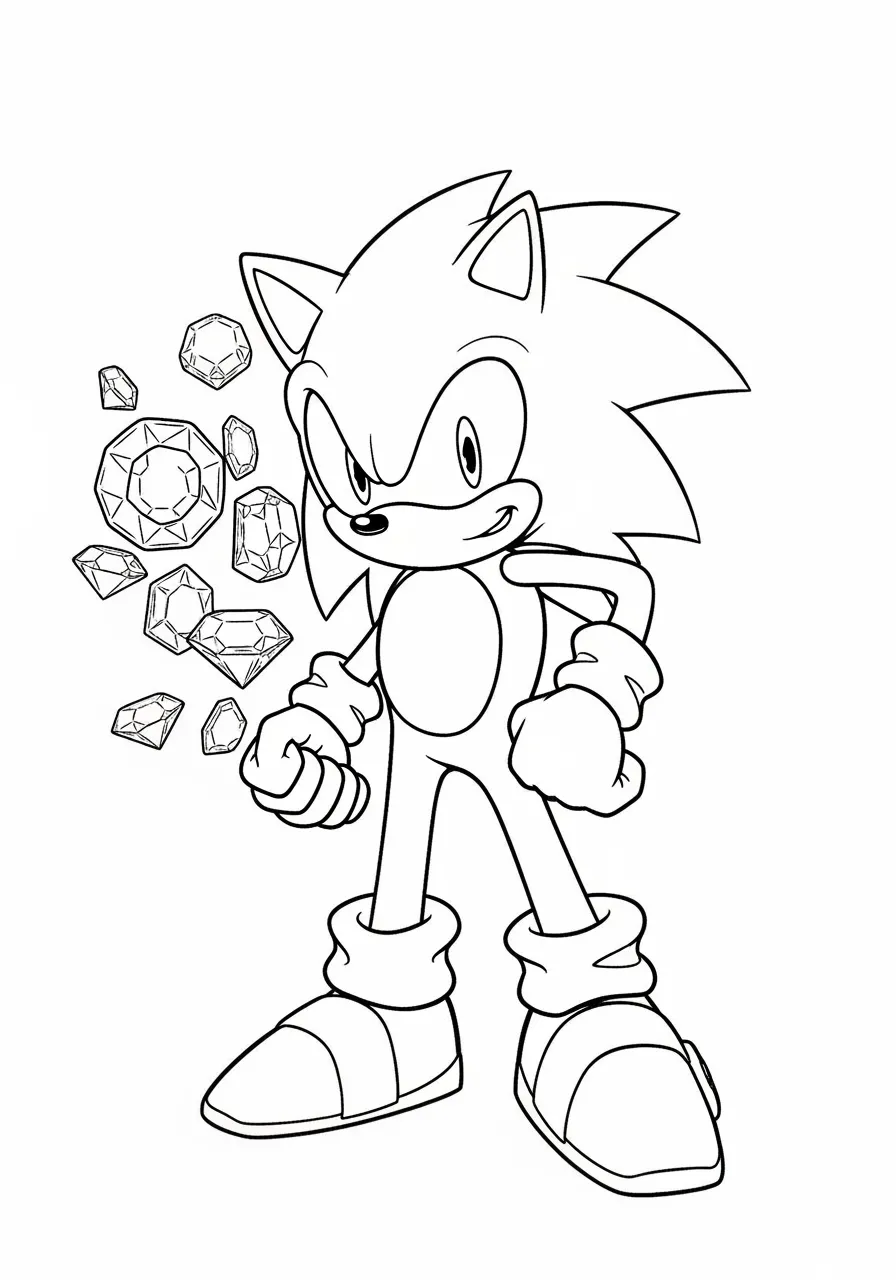 Desenho em preto e branco do Sonic segurando esmeraldas