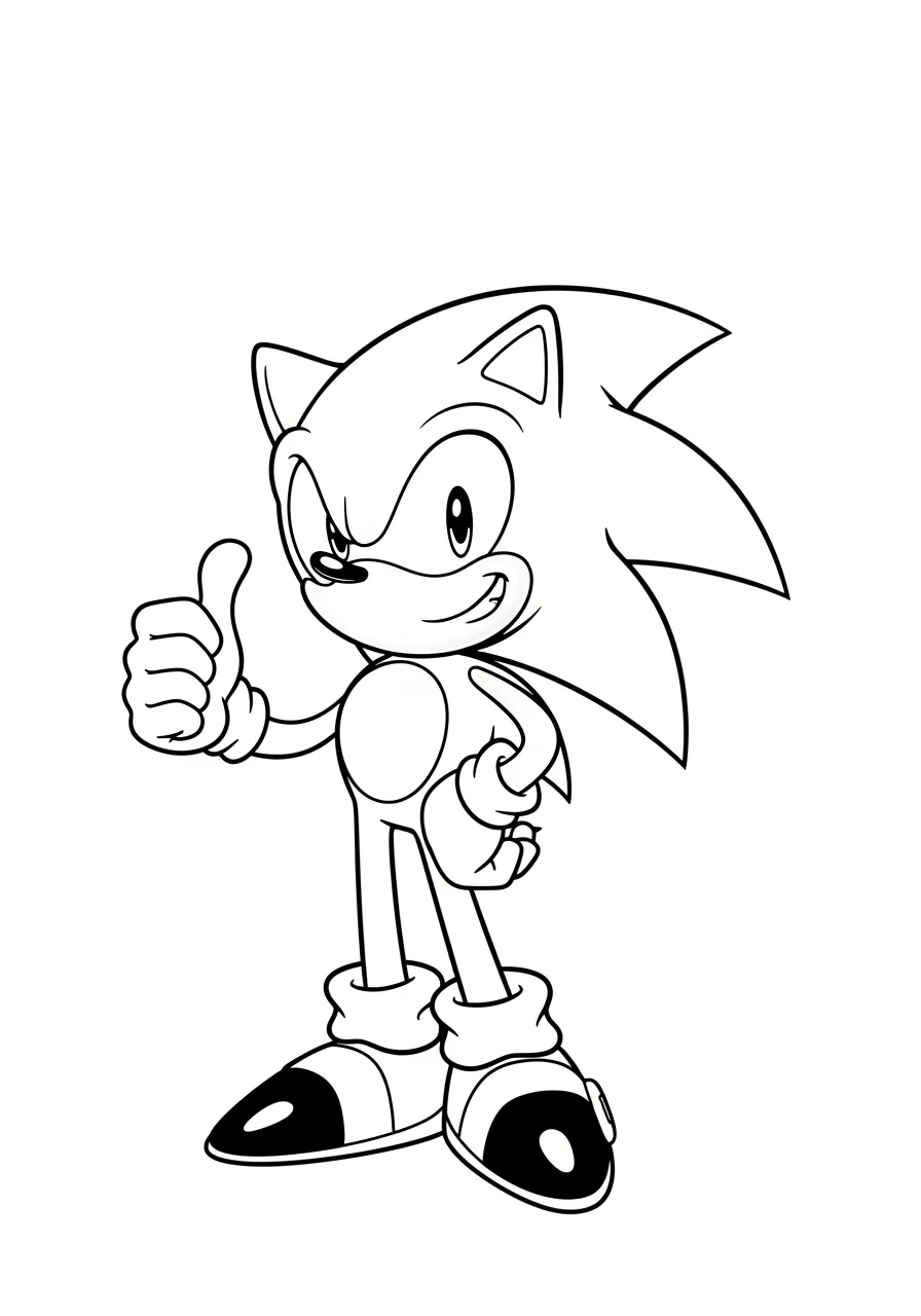 Desenho em preto e branco do Sonic com polegar para cima
