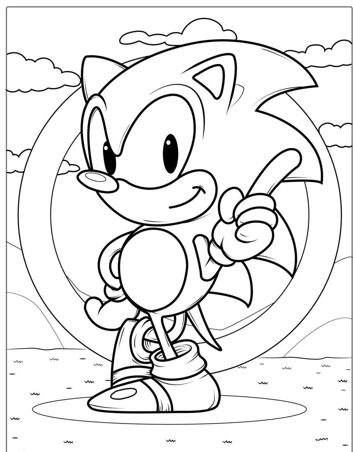 Desenho para colorir do Sonic the Hedgehog sorrindo com um anel