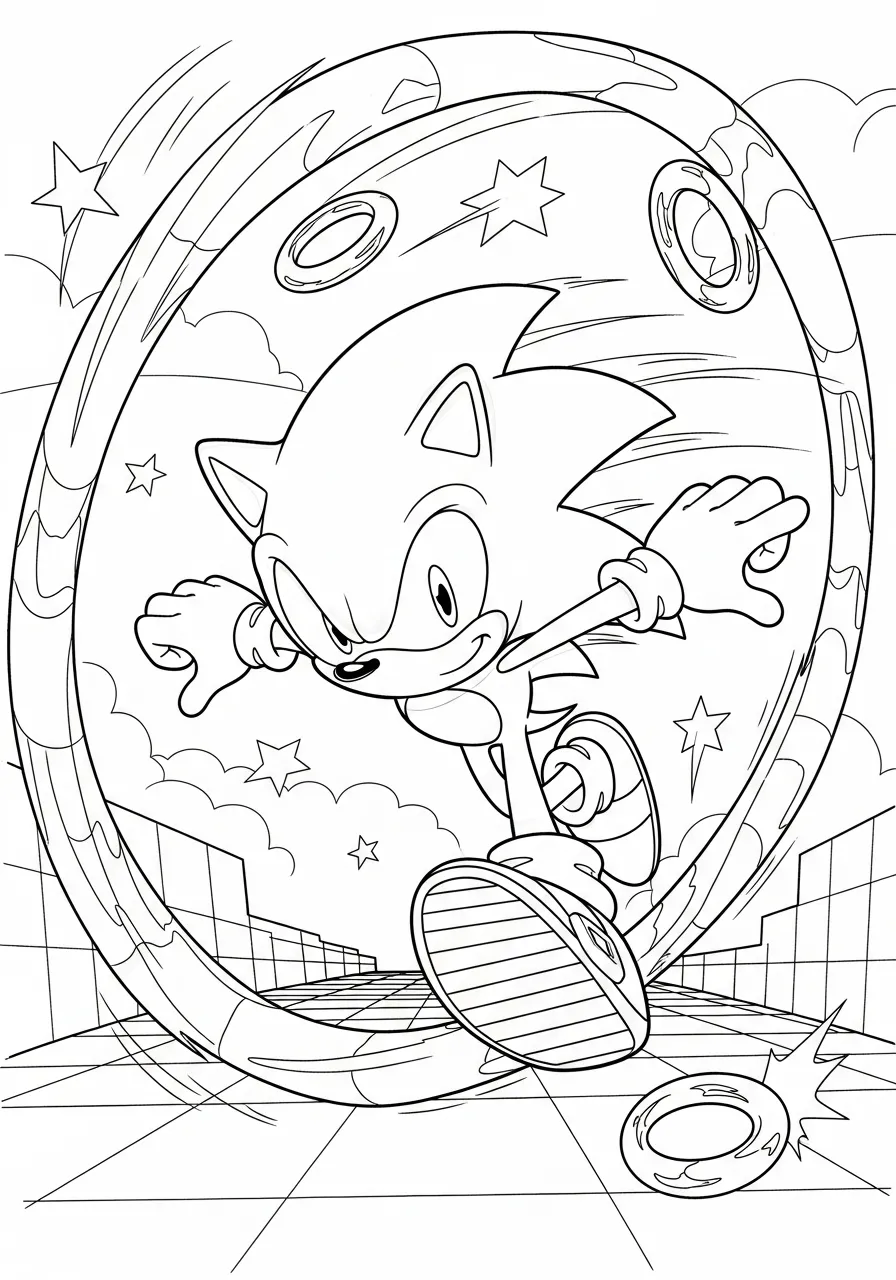 Desenho para colorir do Sonic correndo com anéis