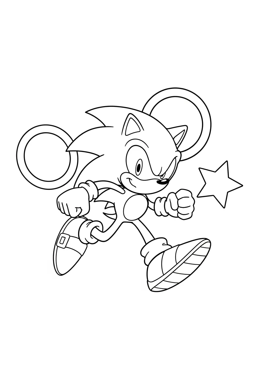 Desenho do Sonic the Hedgehog correndo com uma estrela e anéis para colorir