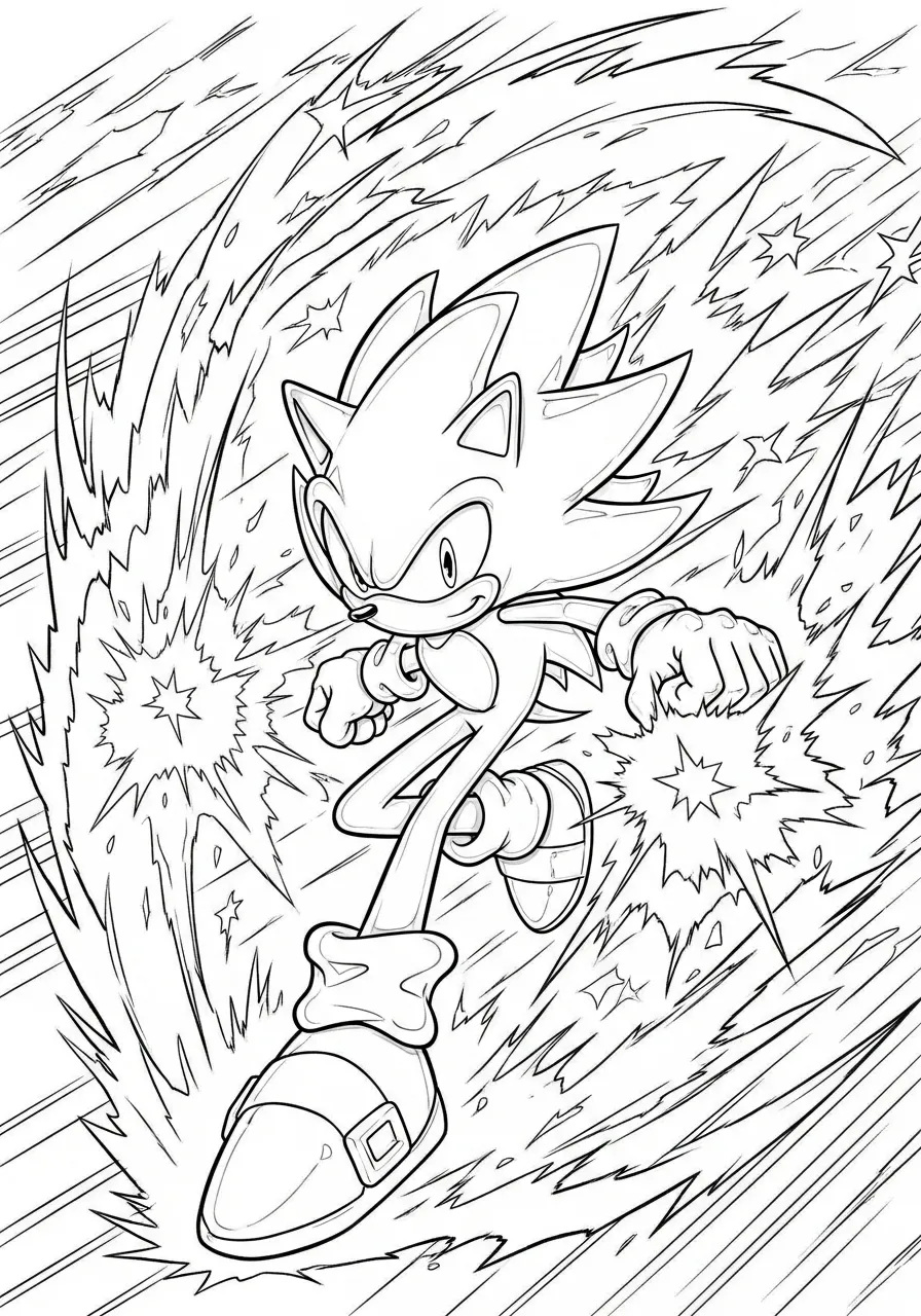 Desenho do Sonic the Hedgehog correndo com efeitos de velocidade para colorir