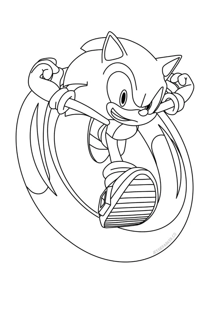 Desenho em preto e branco do Sonic the Hedgehog correndo em um anel