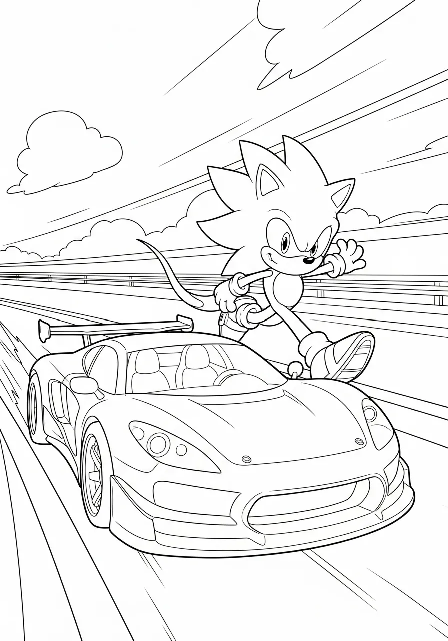 Desenho para colorir do Sonic correndo em cima de um carro esportivo