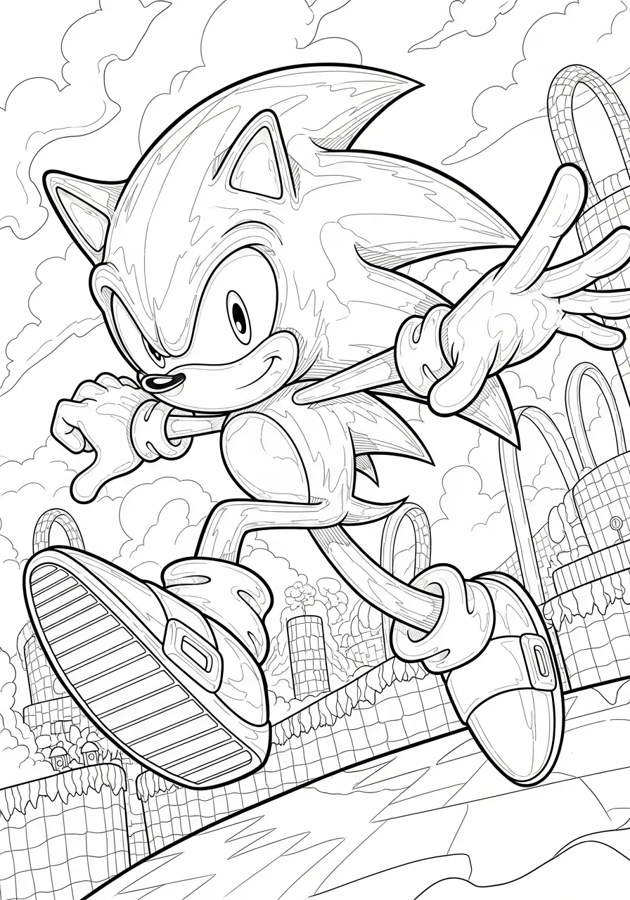 Desenho para colorir do Sonic correndo em um cenário da Green Hill Zone