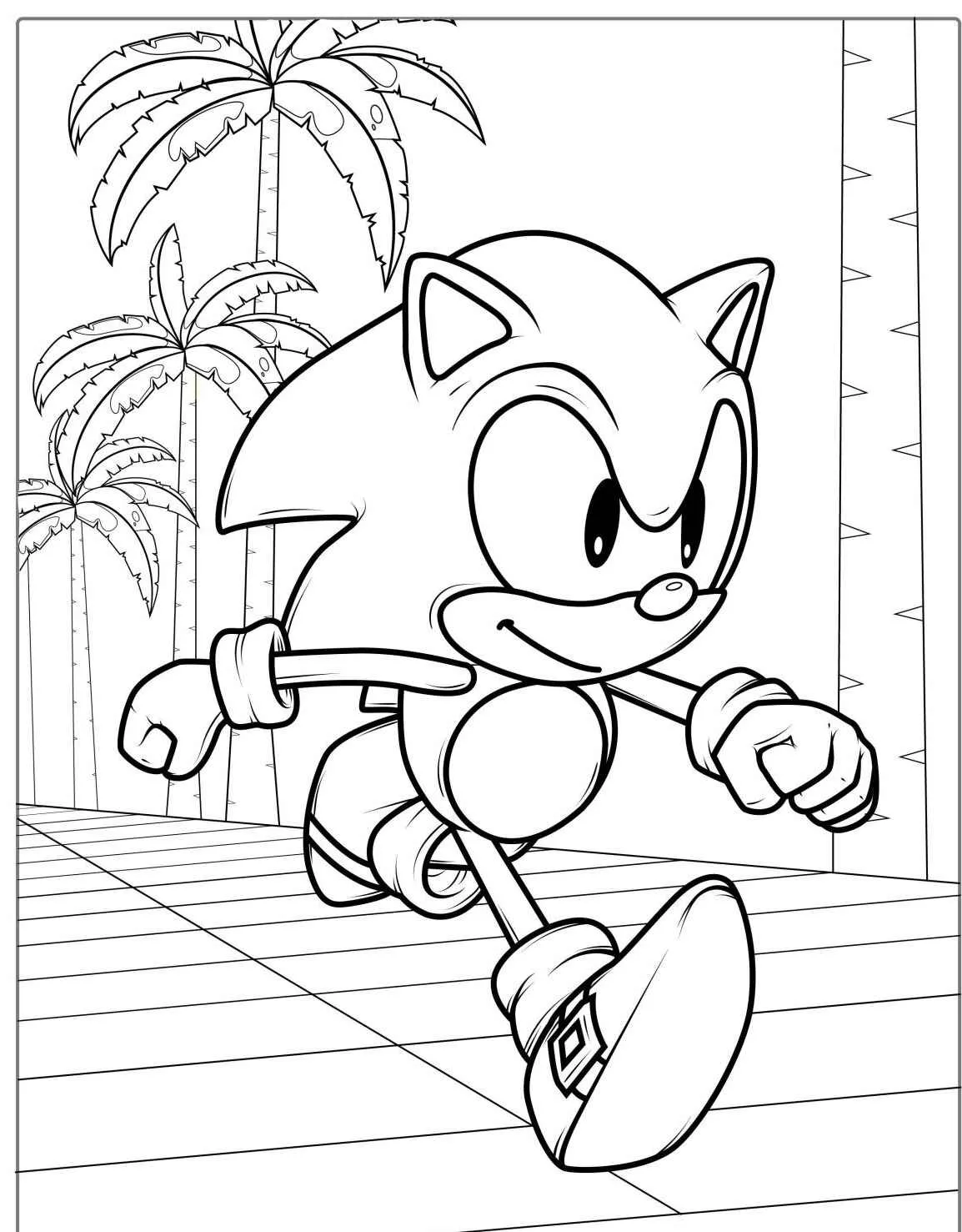Desenho para colorir do Sonic correndo em um cenário de praia com palmeiras