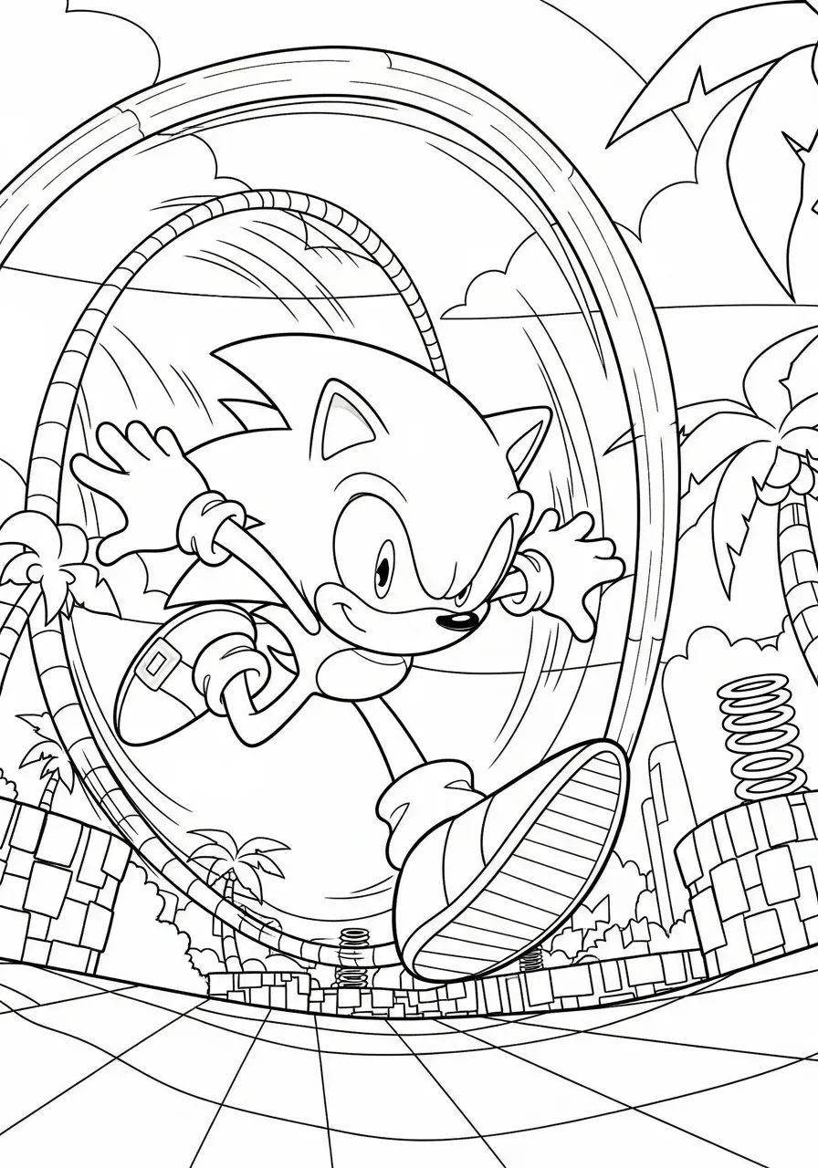 Desenho para colorir do Sonic correndo em uma roda