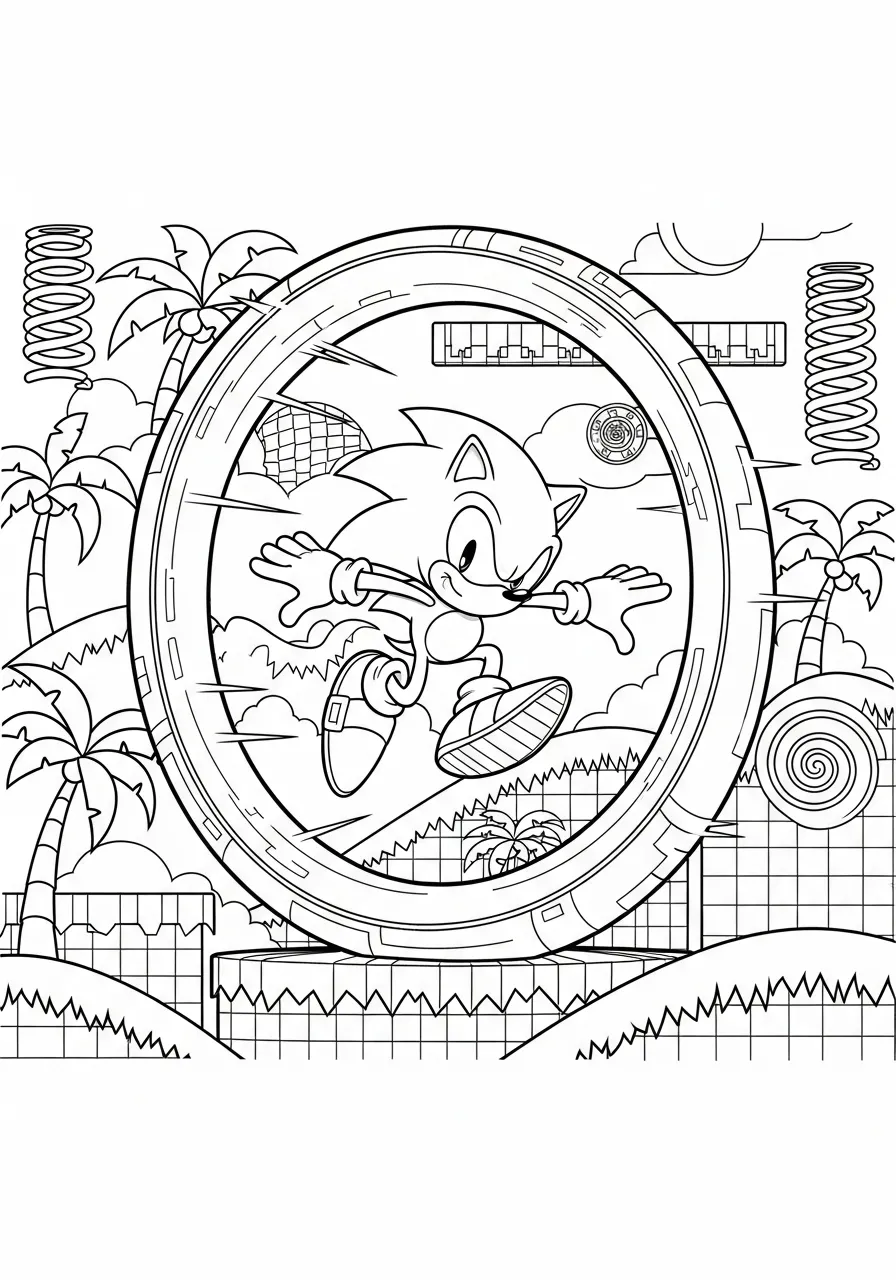 Desenho para colorir do Sonic correndo em um anel dourado com palmeiras ao fundo
