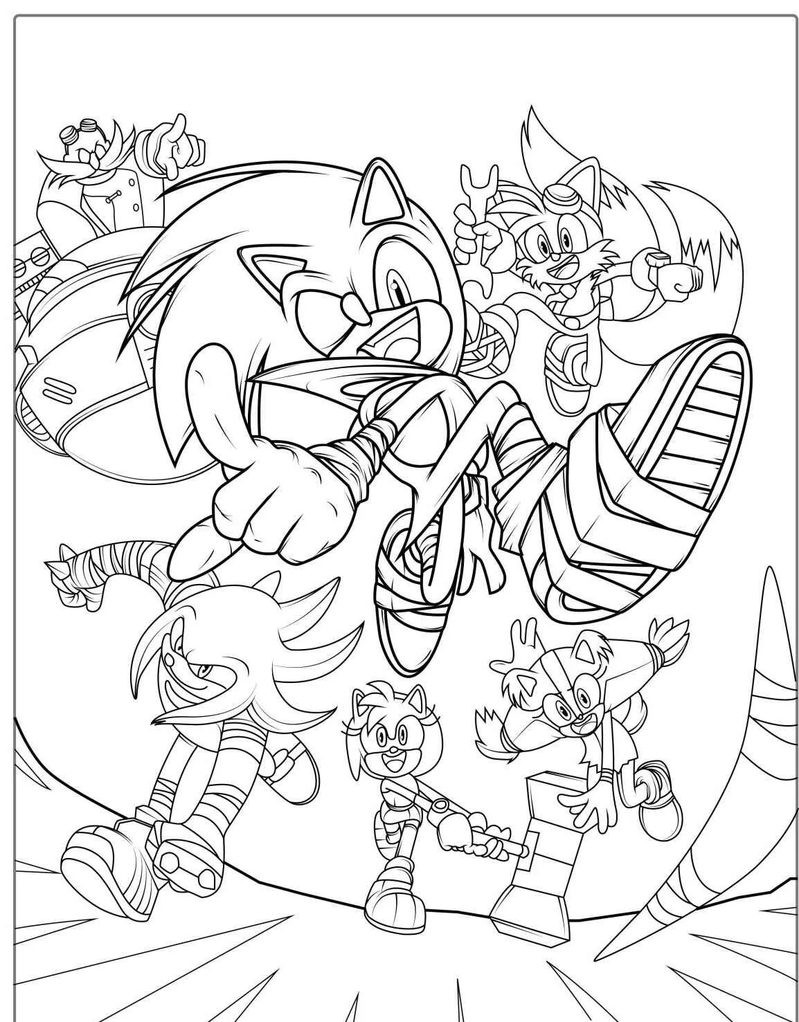 Desenho em preto e branco do Sonic e seus amigos prontos para colorir