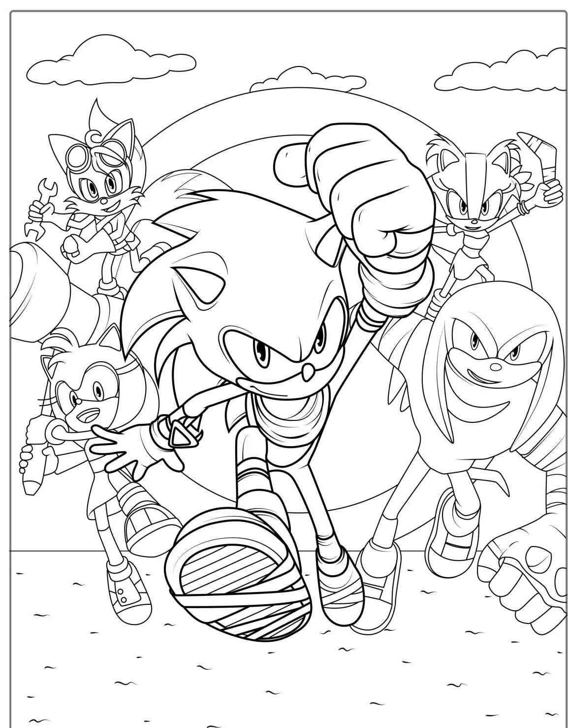 Desenho para colorir do Sonic e seus amigos correndo juntos