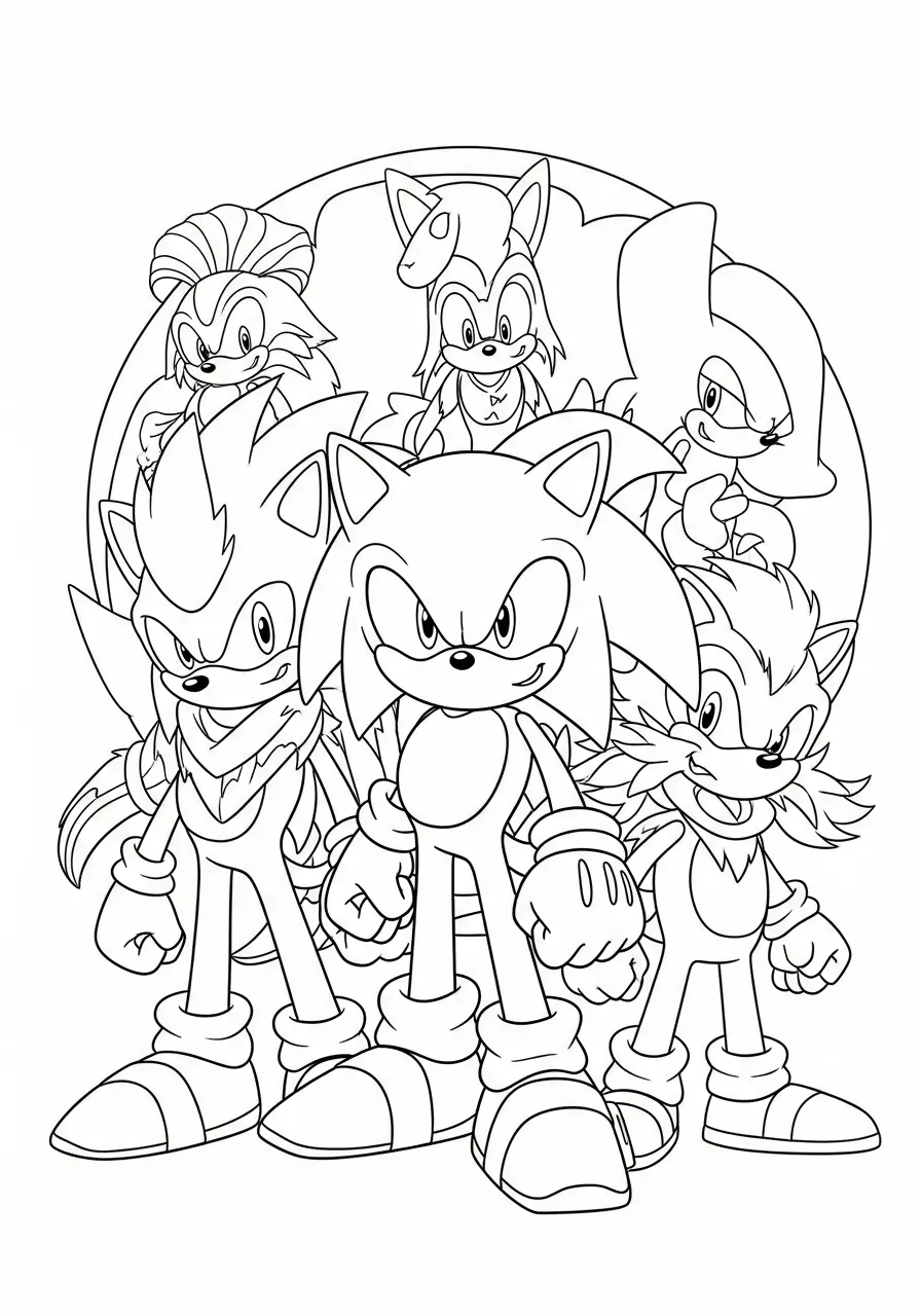 Desenho para colorir do Sonic e seus amigos em uma pose de grupo