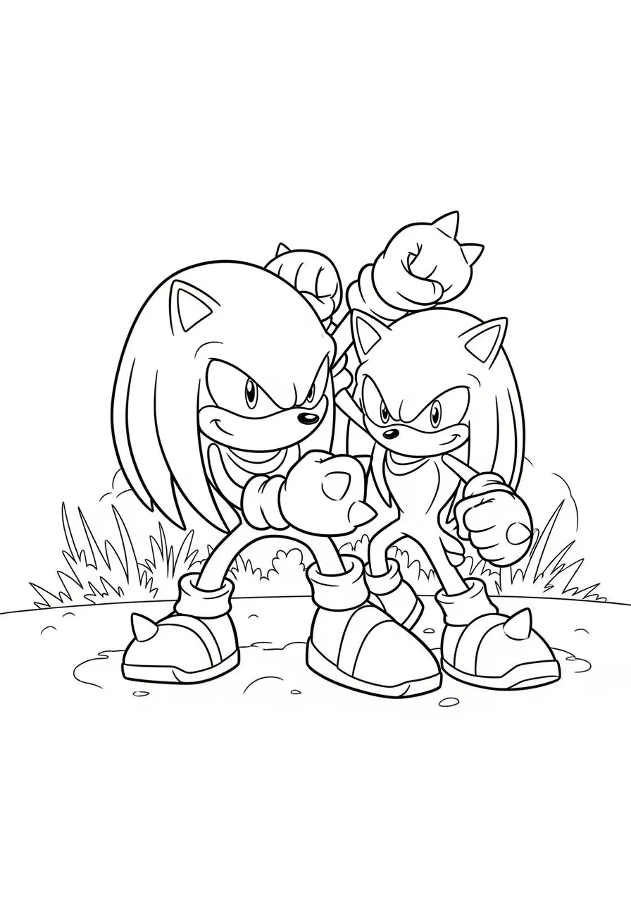 Desenho para colorir do Sonic e Shadow em uma pose de luta