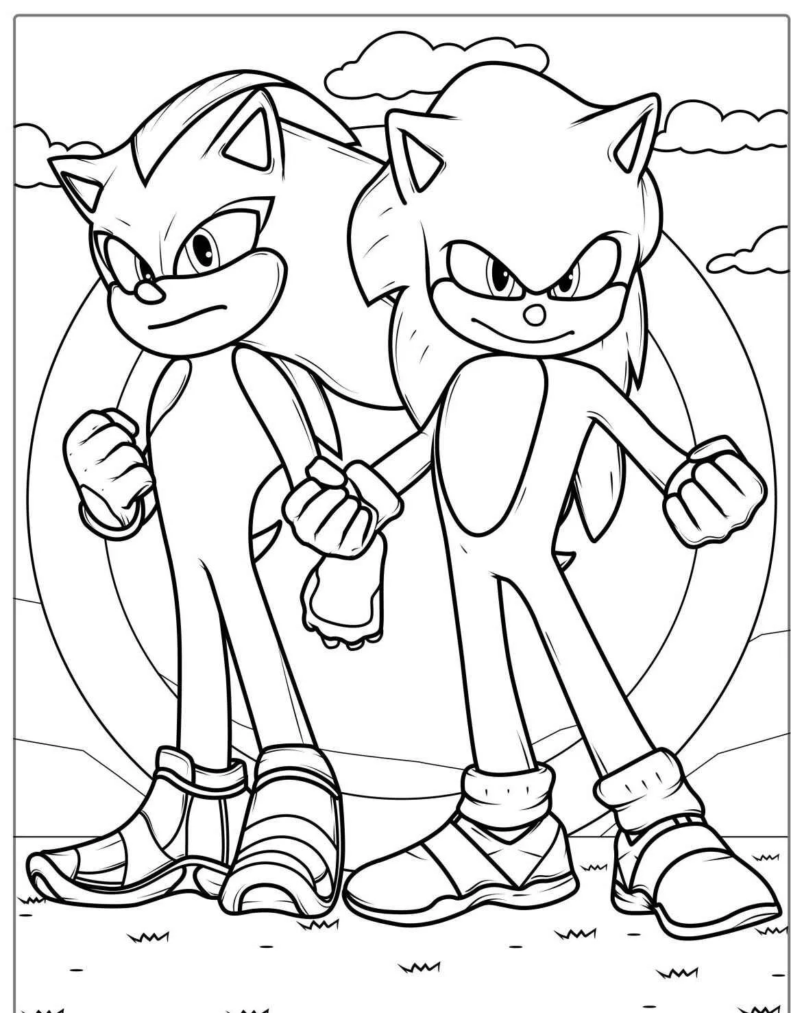Desenho para colorir do Sonic e Shadow em pose de ação