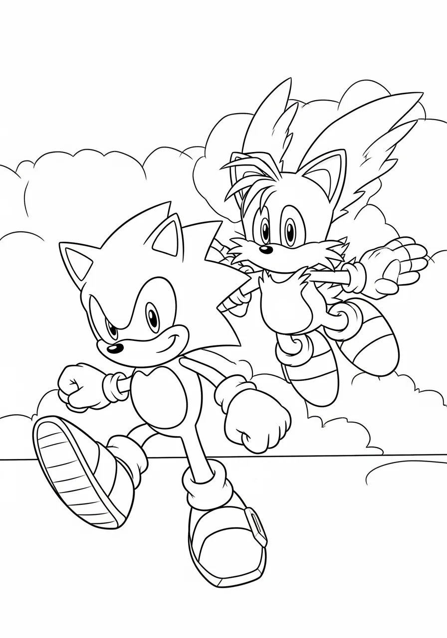 Desenho para colorir do Sonic e Tails correndo juntos