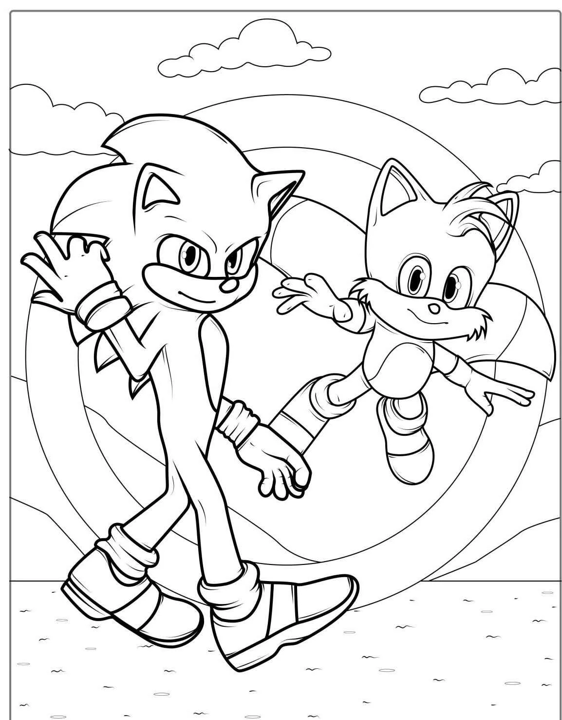 Desenho para colorir do Sonic e Tails com fundo de arco-íris