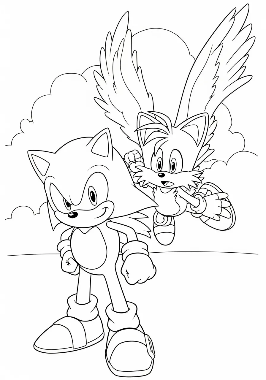 Desenho para colorir do Sonic e Tails prontos para uma aventura