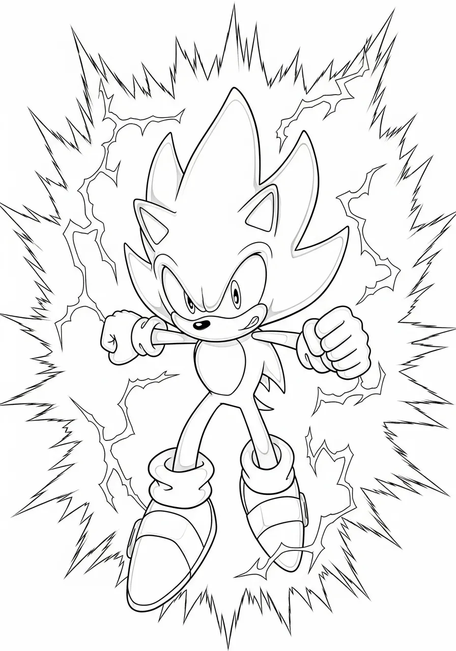 Desenho do Sonic the Hedgehog em uma pose de ação com efeitos de raio ao fundo para colorir.