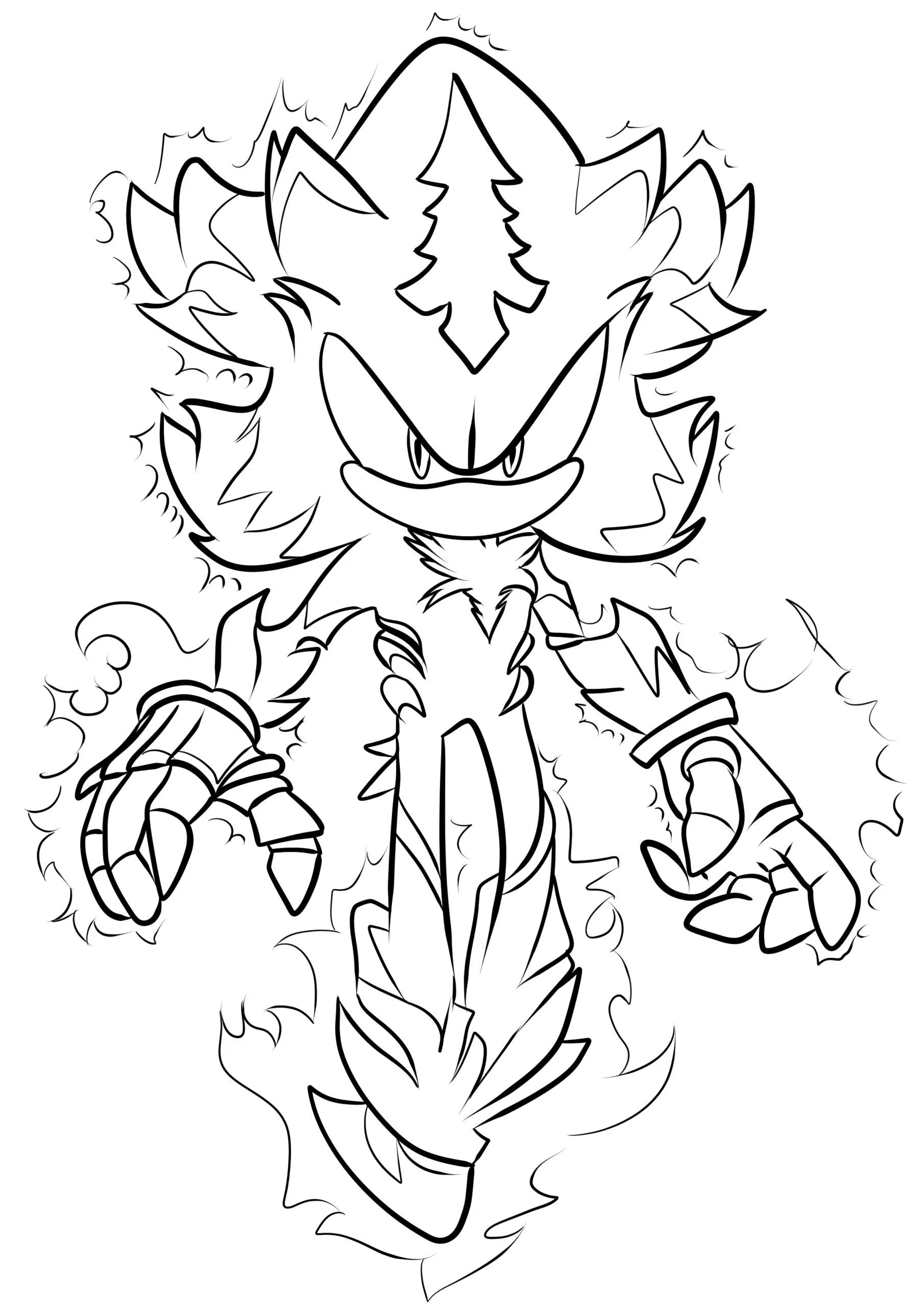 Desenho do Sonic em forma super com detalhes flamejantes para colorir