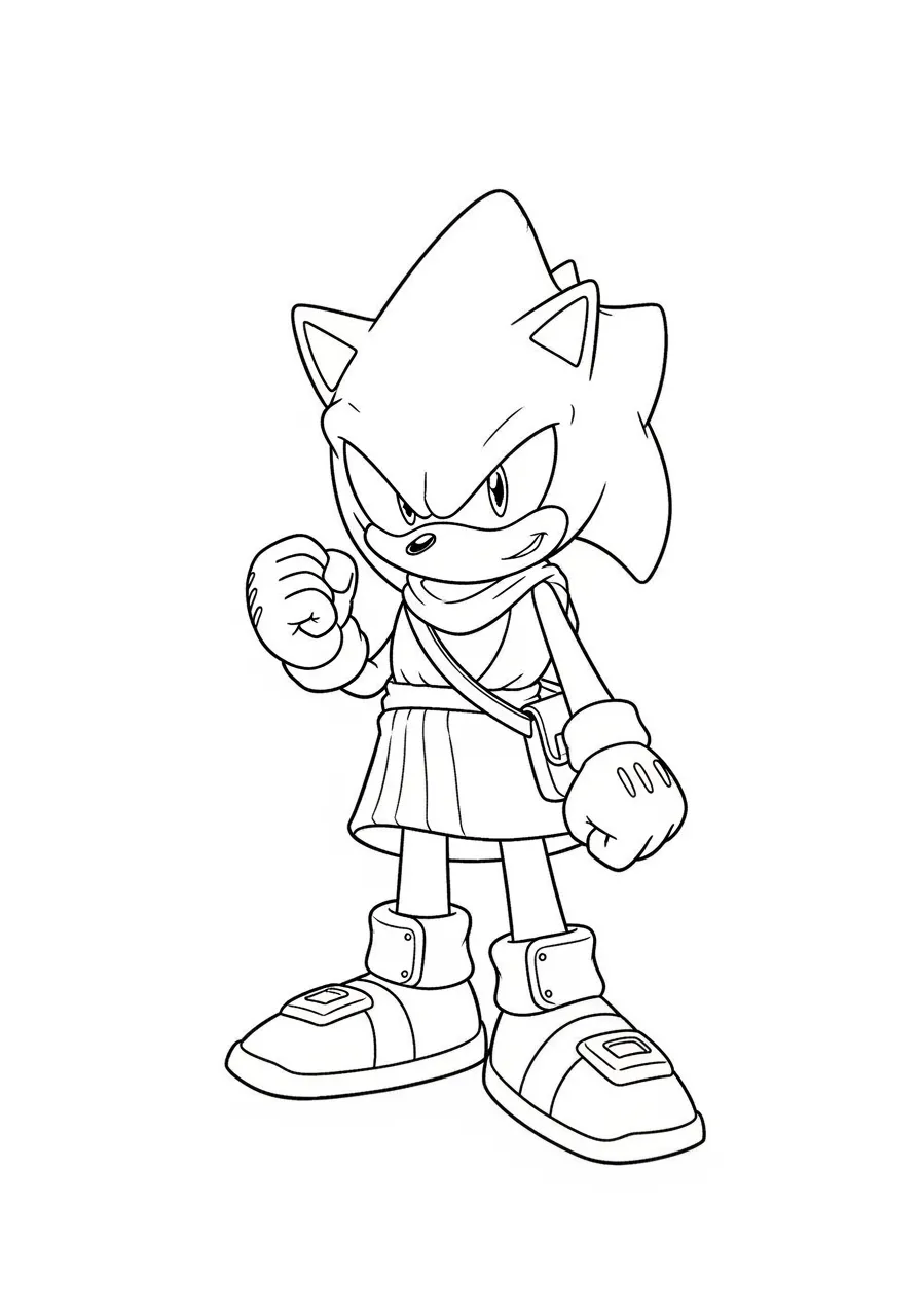 Desenho em preto e branco do Sonic vestido de guerreiro, pronto para ser colorido.