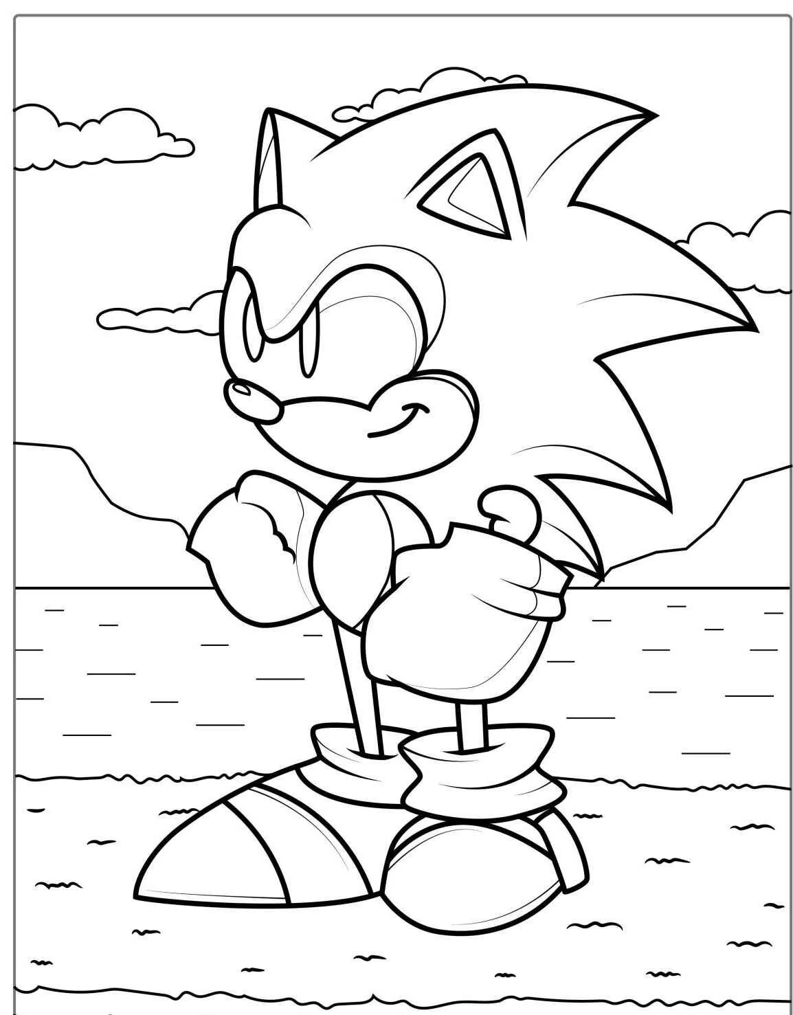 Desenho em preto e branco do Sonic na praia, pronto para colorir.