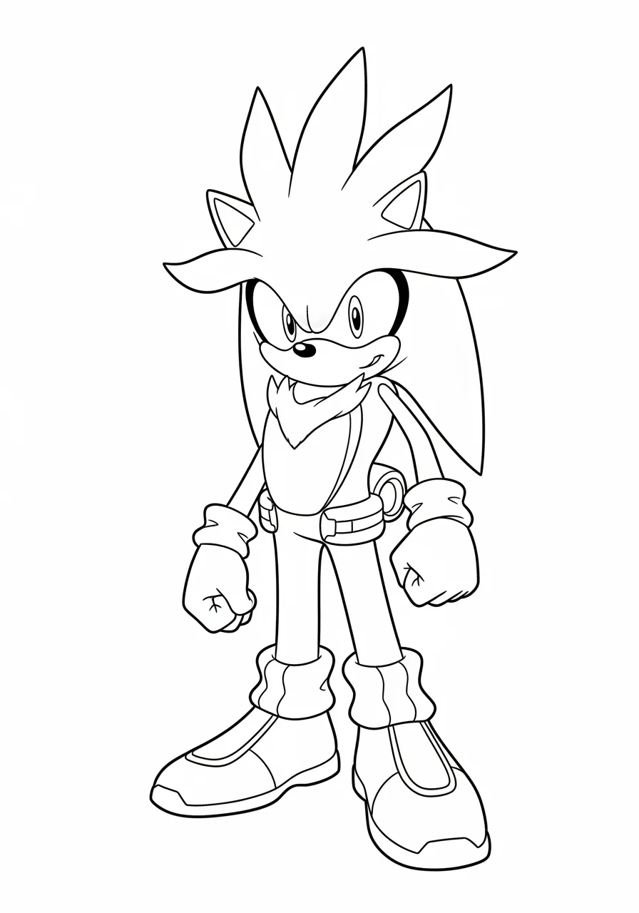 Desenho em preto e branco do Sonic Prateado pronto para colorir.