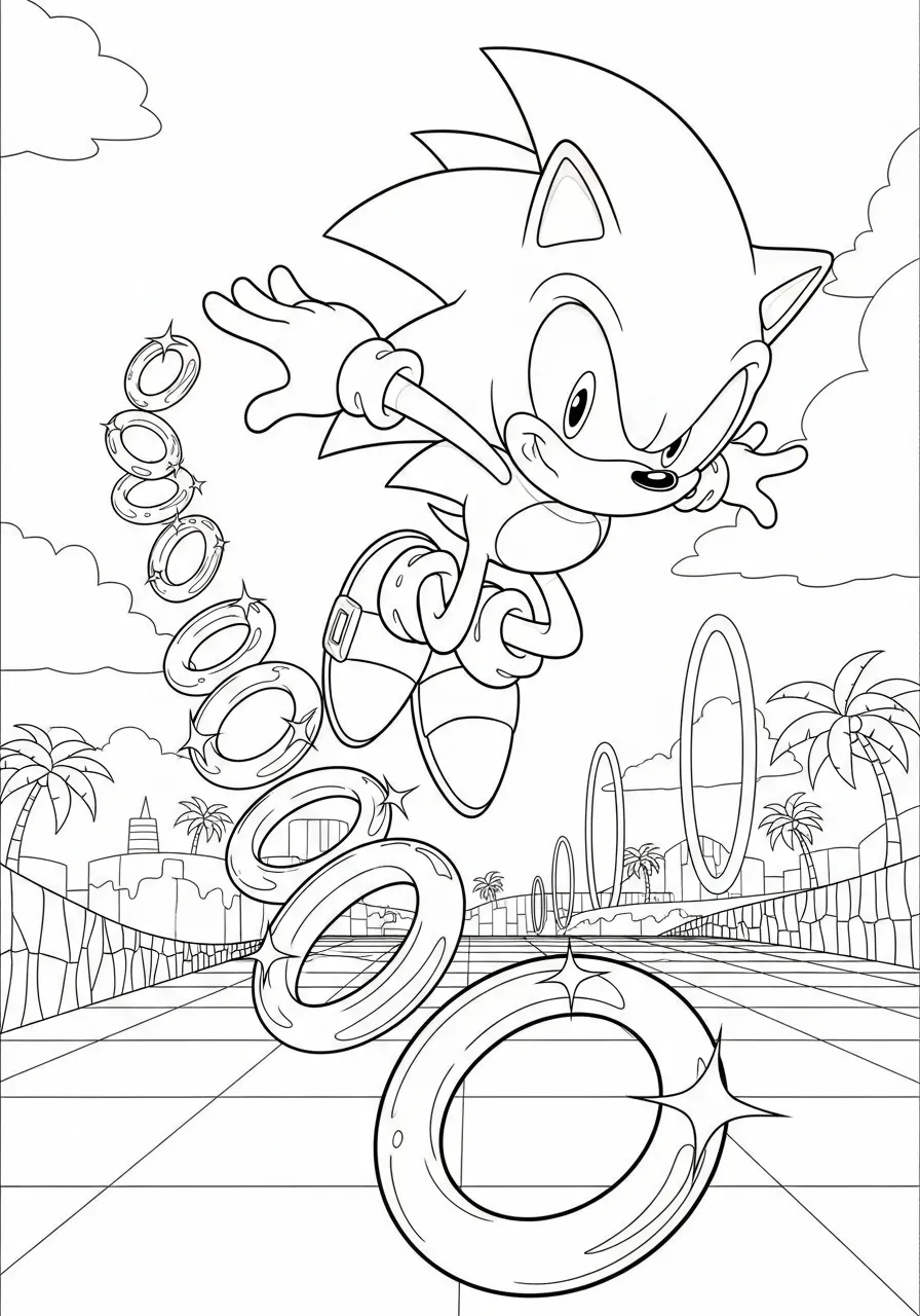 Desenho para colorir do Sonic the Hedgehog pulando com anéis dourados