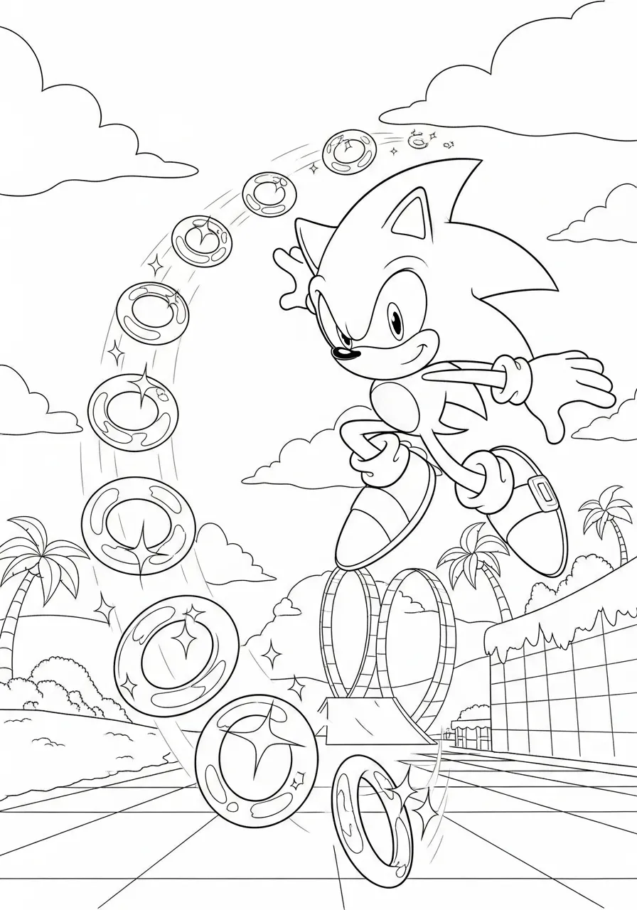 Desenho para colorir do Sonic pulando com anéis dourados