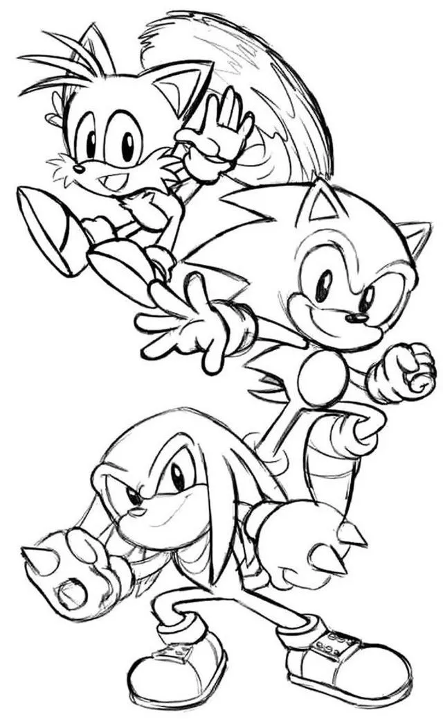 Desenho para colorir do Sonic, Tails e Knuckles juntos