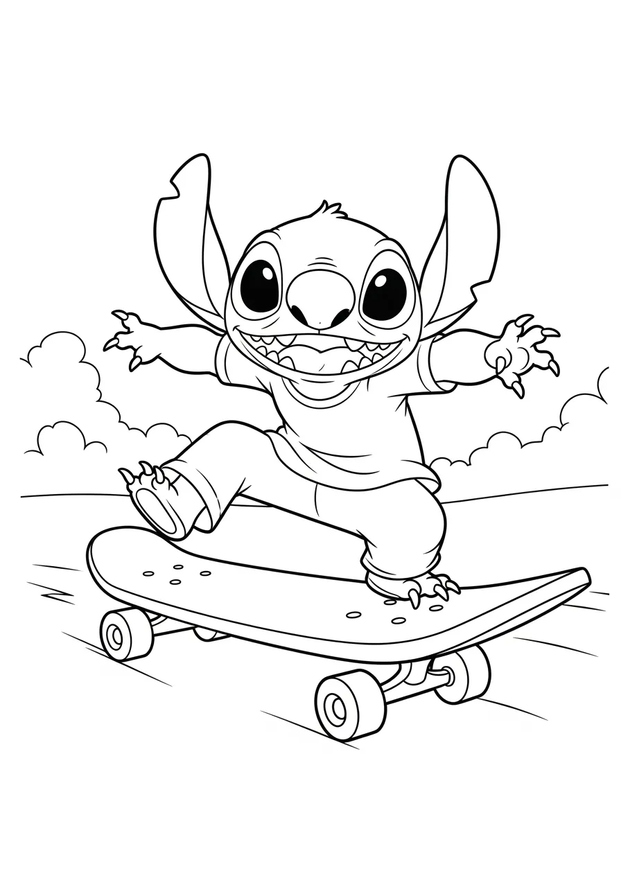 Imagem para colorir do Stitch andando de skate com um sorriso