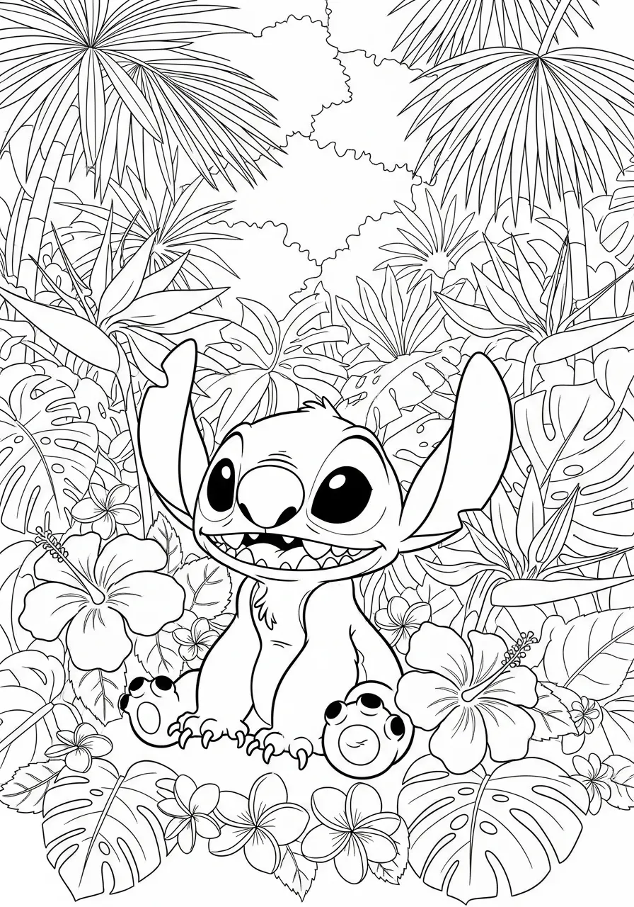 Desenho do Stitch em um cenário tropical com flores para colorir