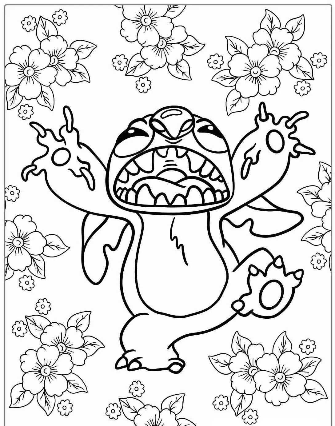 Desenho do Stitch animado cercado por flores para colorir
