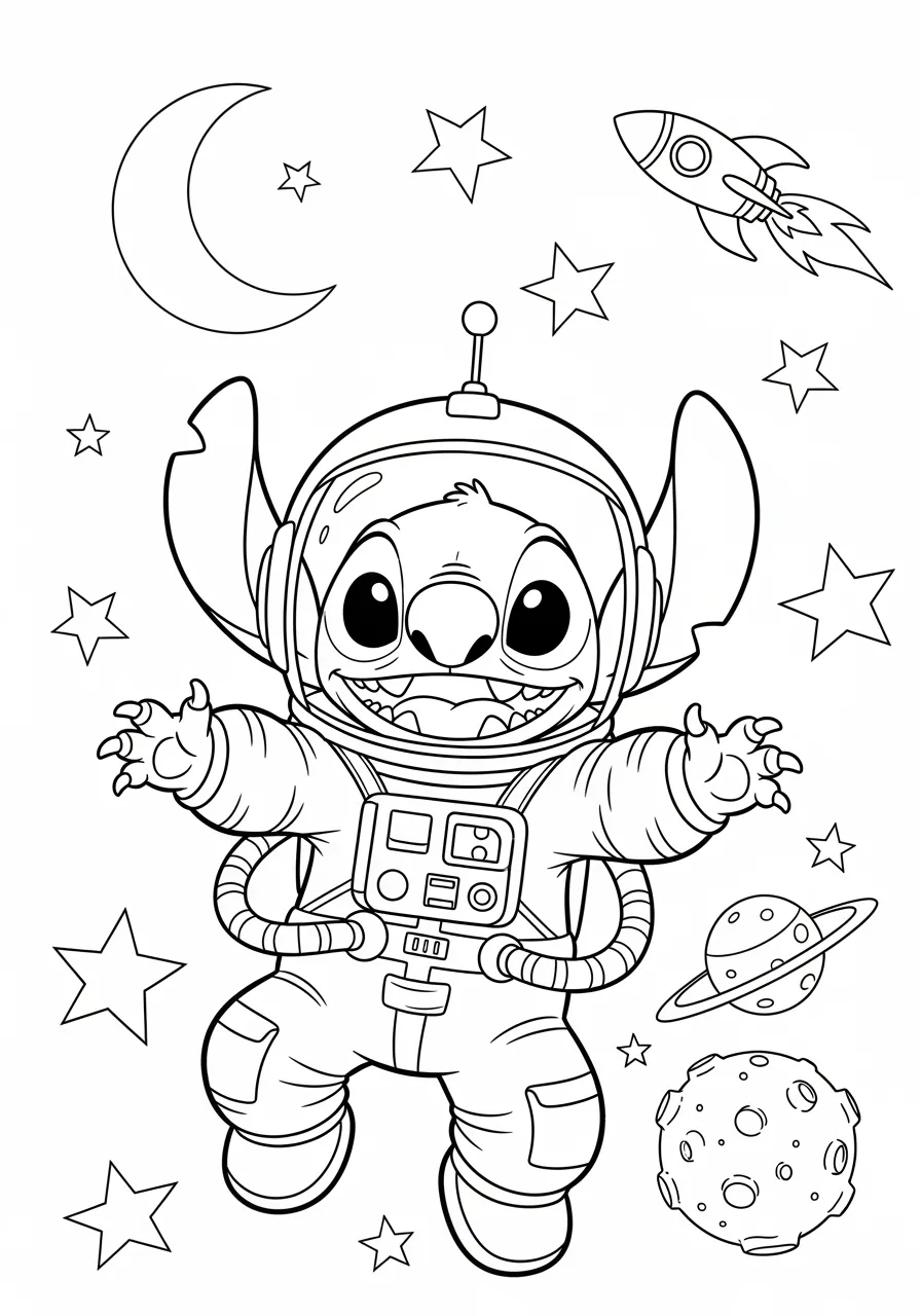 Desenho em preto e branco do Stitch vestido de astronauta flutuando no espaço com estrelas, planeta e foguete ao fundo.