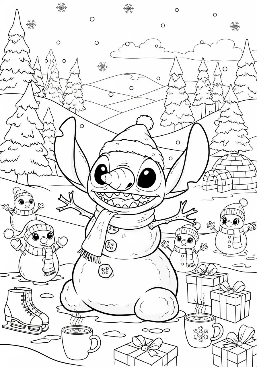 Desenho do Stitch feliz em um cenário de inverno com bonecos de neve e presentes