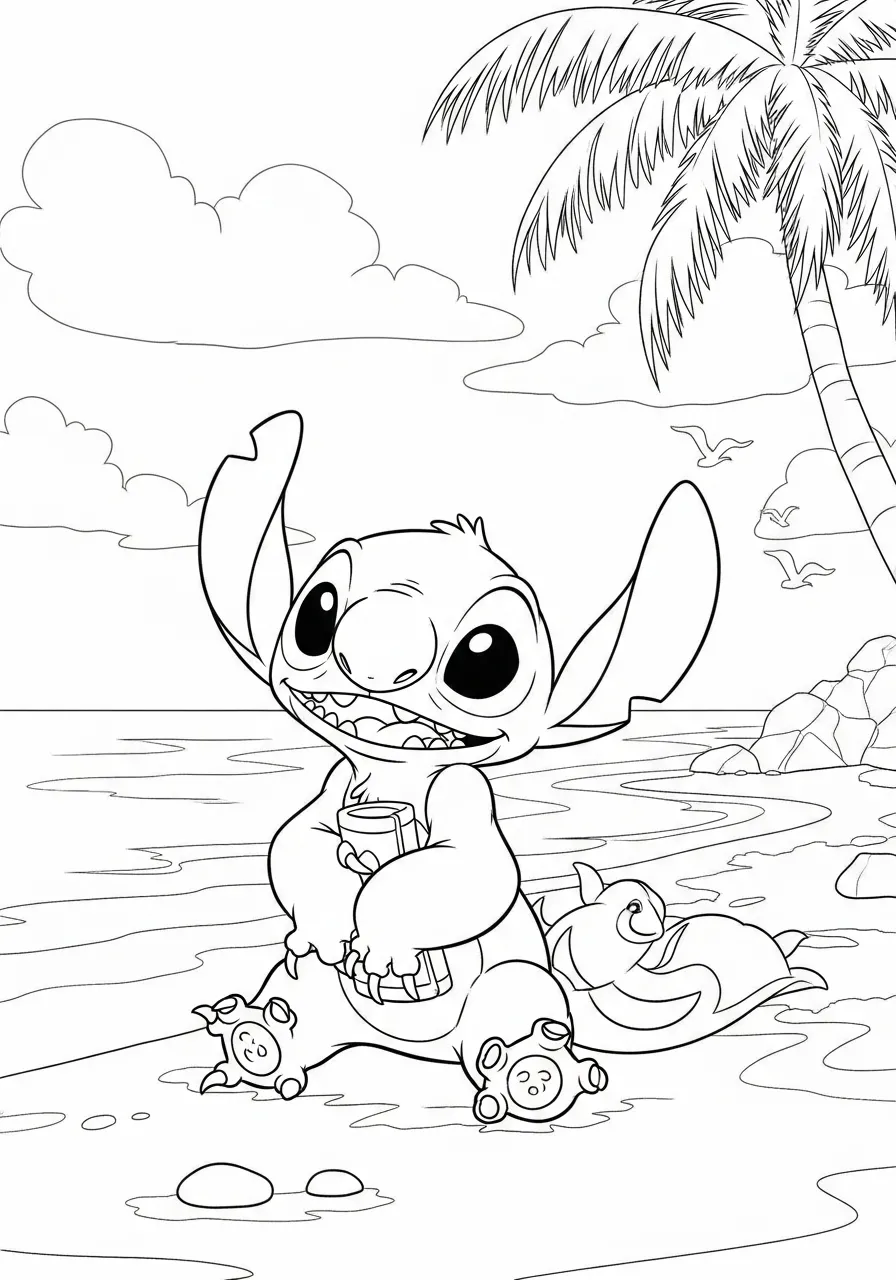 Desenho para colorir do Stitch na praia segurando uma bebida