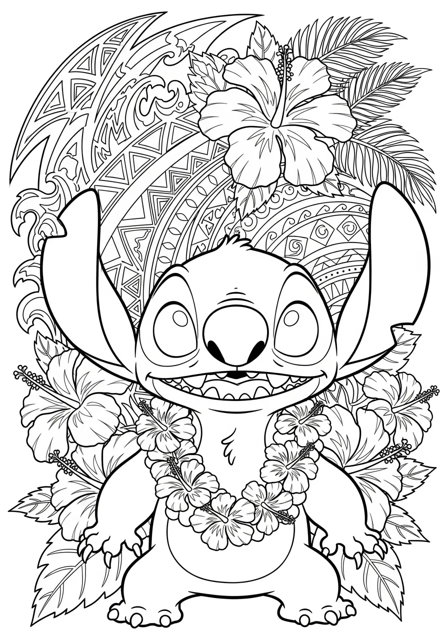 Imagem para colorir do Stitch com colar de flores e fundo tropical