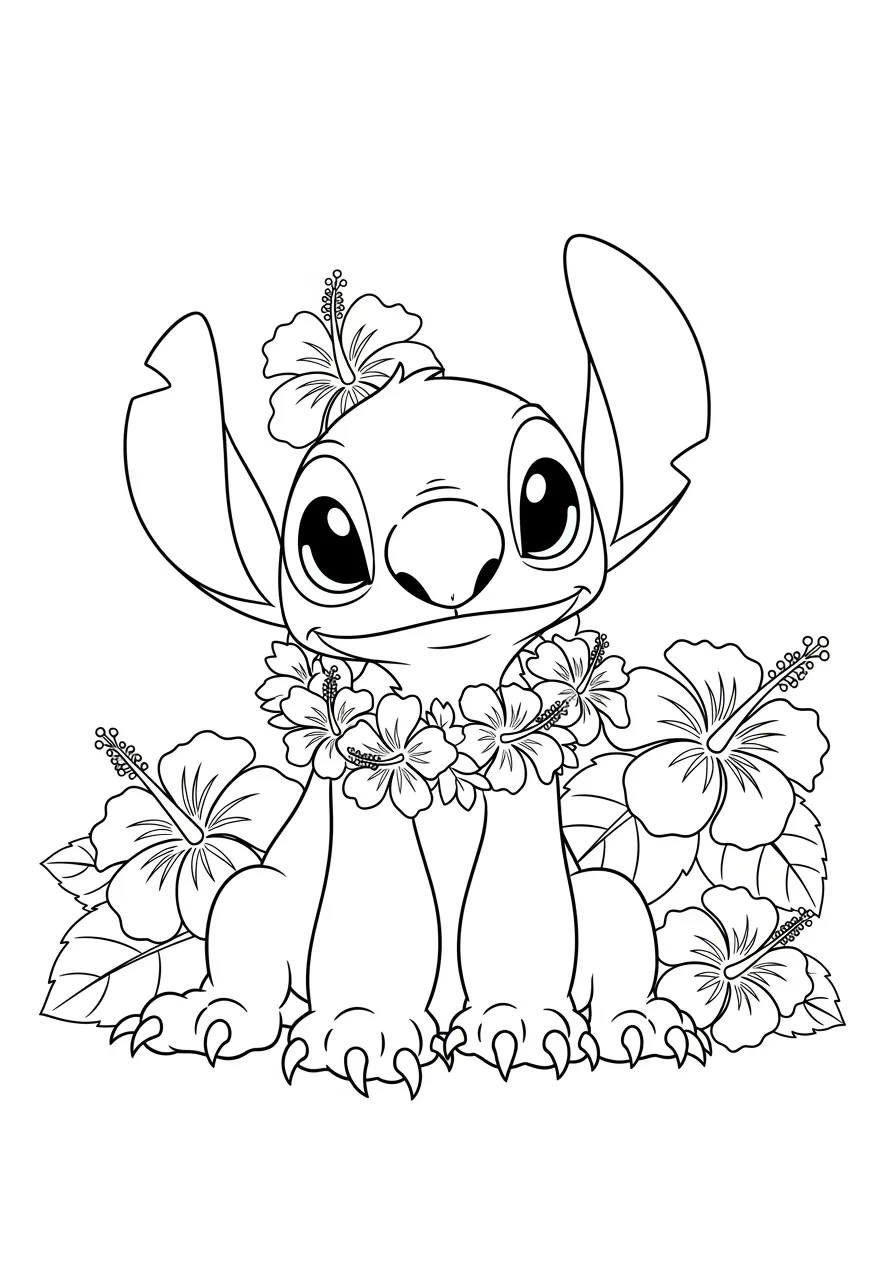 Desenho em preto e branco do Stitch sentado com um colar de flores e hibiscos ao redor