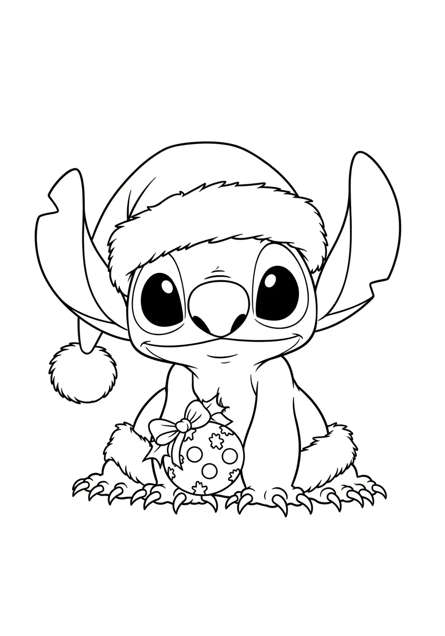 Imagem para colorir do Stitch usando um gorro de Natal e segurando uma bola decorativa