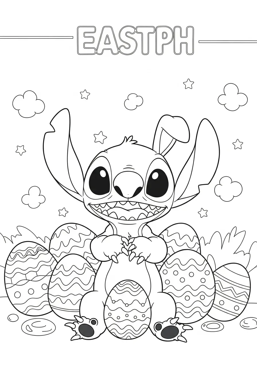 Stitch sentado com ovos de Páscoa ao redor para colorir