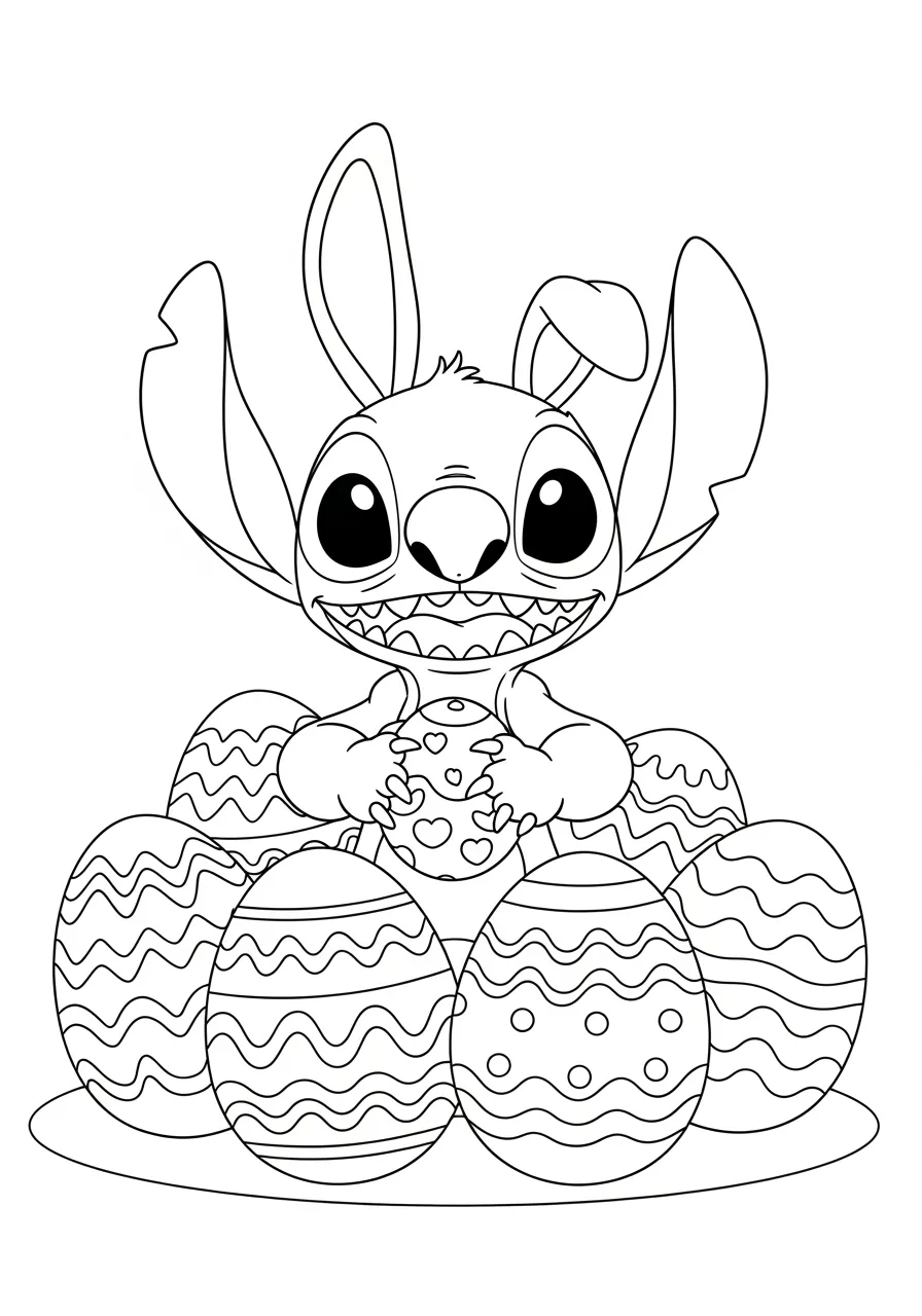 Stitch cercado por ovos de Páscoa para colorir