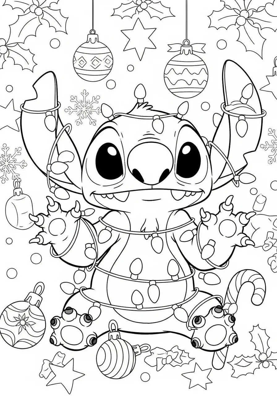 Desenho para colorir do Stitch com luzes de Natal e enfeites