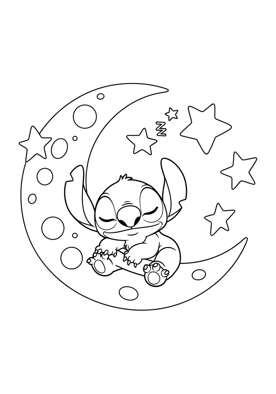 Desenho do Stitch dormindo em uma lua com estrelas para colorir